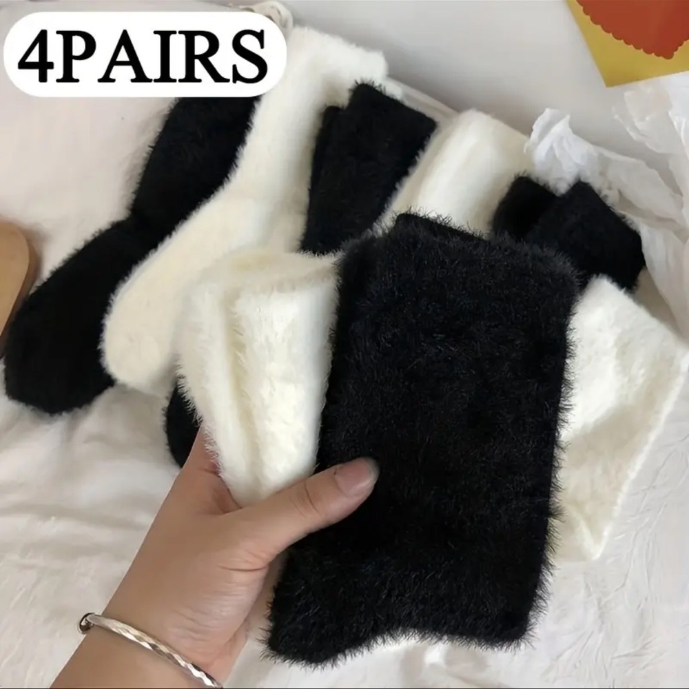 New 4 Pair Bundle Luxurious Faux Rabbit Fur Fuzzy Socks Black White Gift Ready